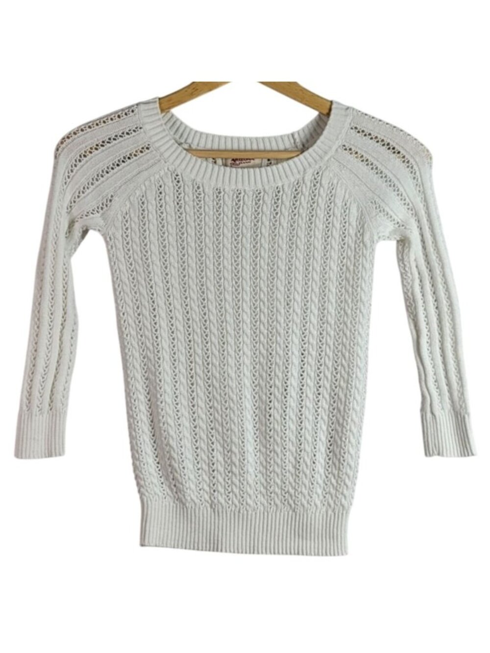 Arizona Jeans Sweater White Size XS Junior Open Cable Knit Round Neck 3/4 Sleeve